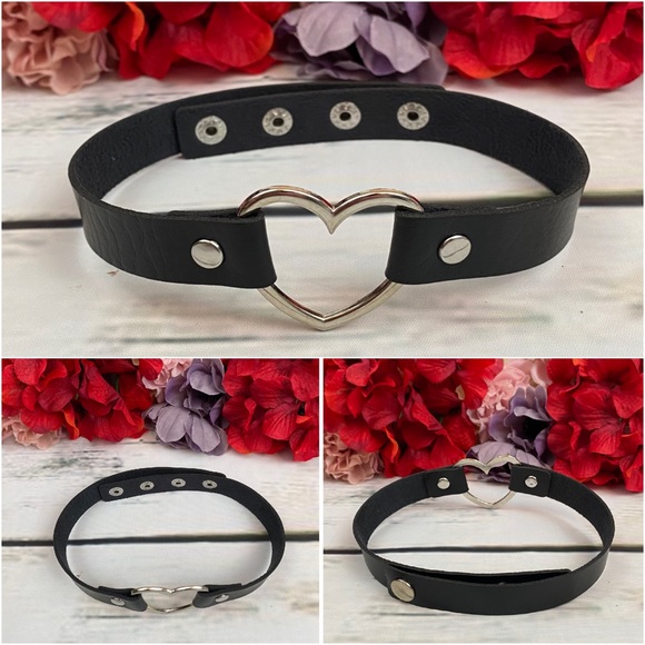 Punk Gothic Vegan Leather Choker with Heart Ring - Picture 11 of 16